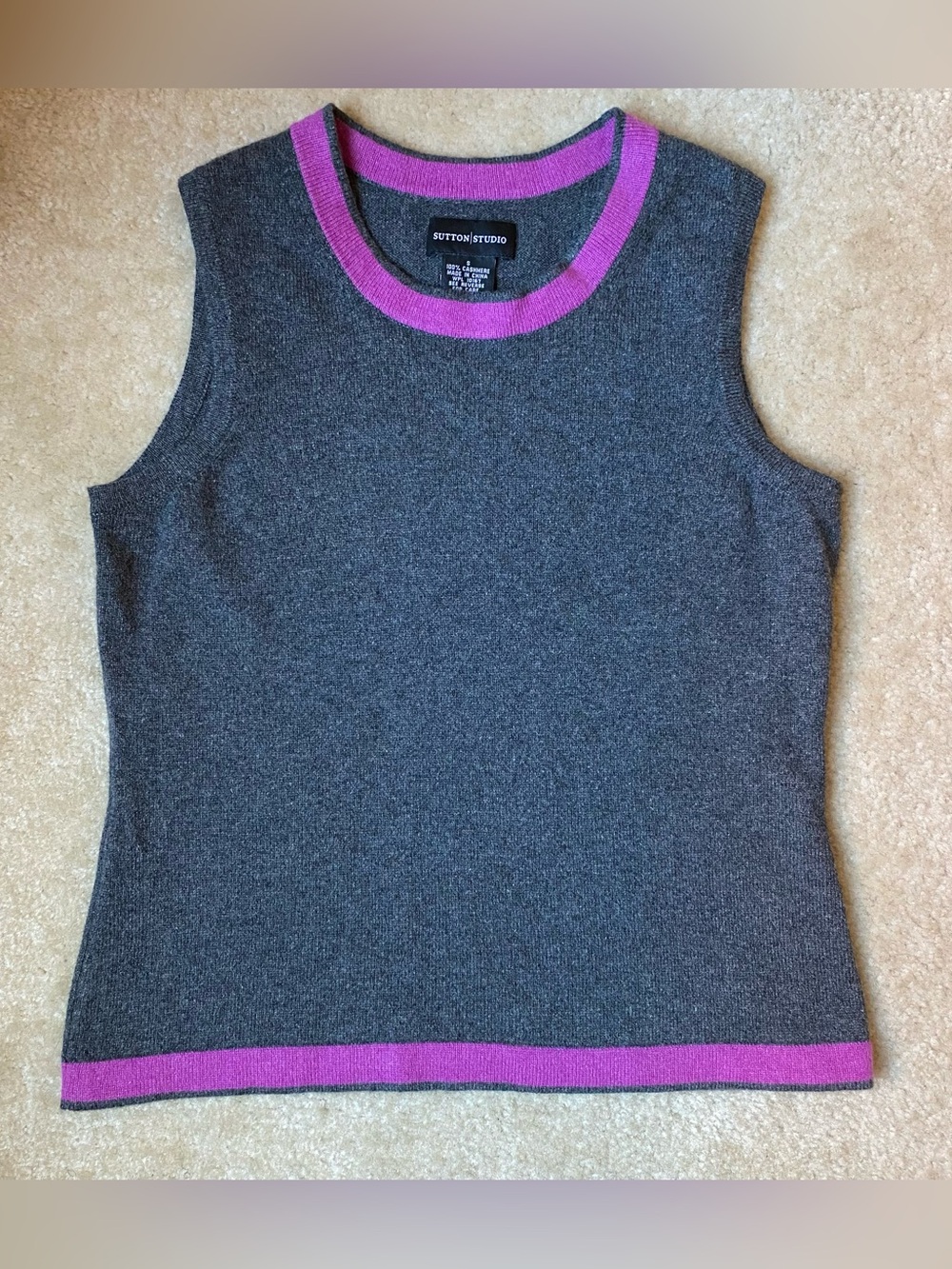 Sutton Studio Charcoal Gray Sleeveless Knit Tank w/ Pink Trim Sz S 100% Cashmere